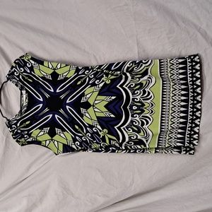 3X Chico's blue, green, black and white sleeveless polyester summer dress.